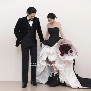 韓系訂製款白黑拼接禮服｜一字肩A字長裙｜緞面蝴蝶結晚宴婚紗禮服 - WeddLin 輕婚紗