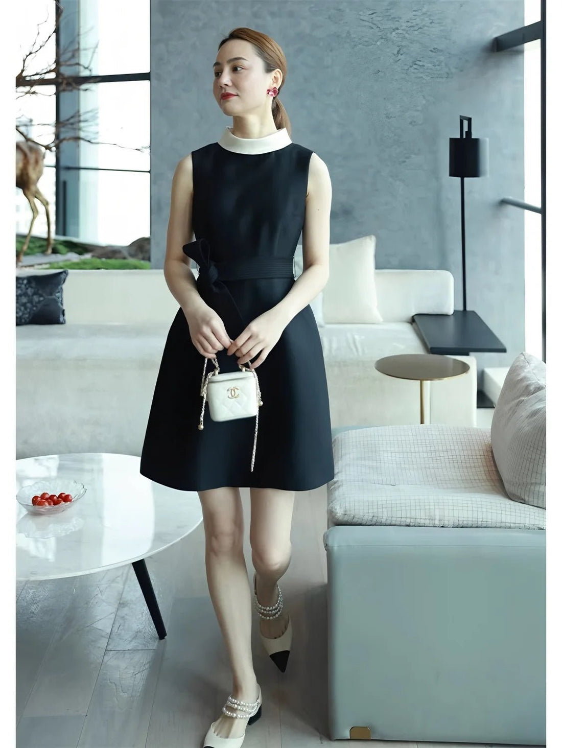 經典赫本風/無袖綁帶A字洋裝｜修身圓領中長裙｜優雅粉黑色兩款｜春夏優雅時尚穿搭 - WeddLin 輕婚紗