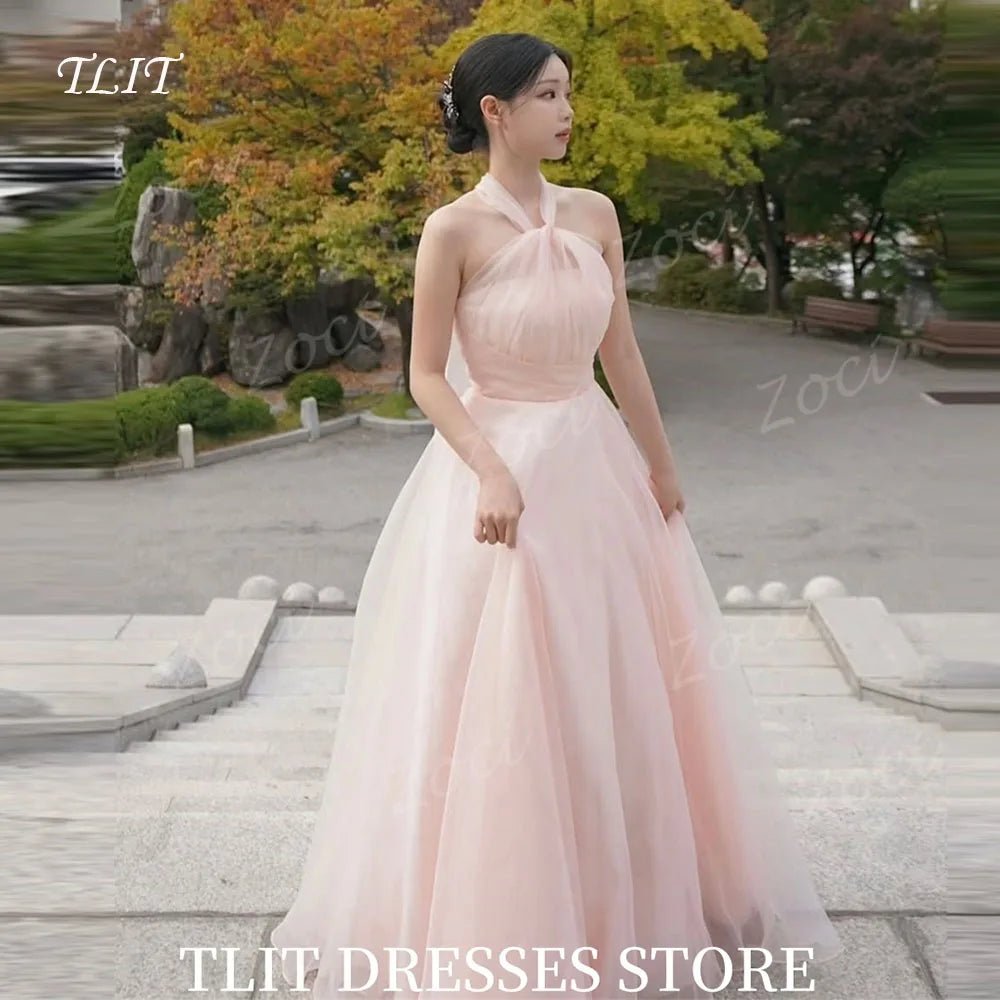 粉色系甜美蝴蝶結紗質晚禮服｜露背綁帶高腰A字長裙 - WeddLin 輕婚紗