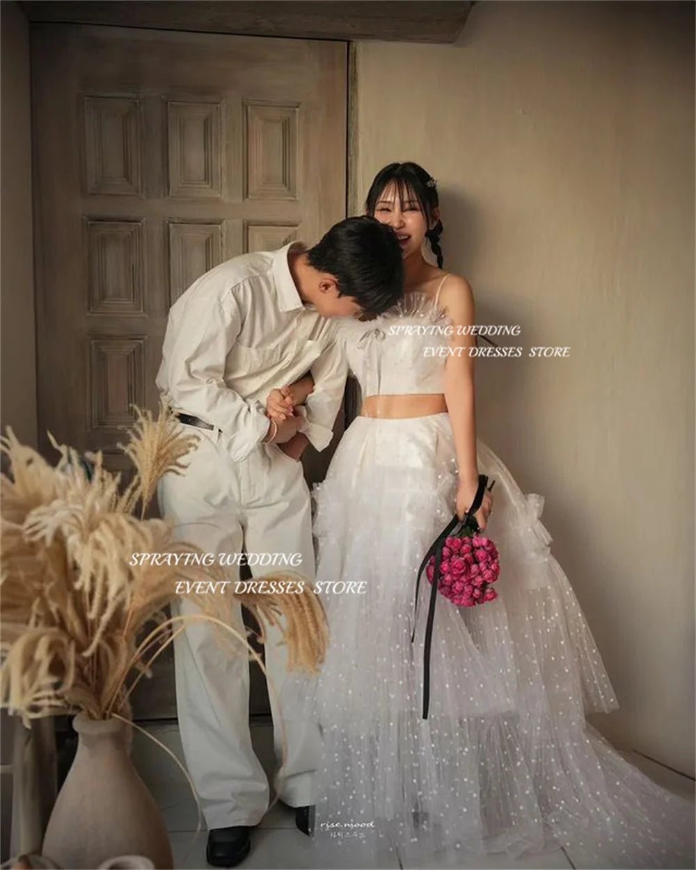 韓國婚紗禮服/ 簡約細肩帶A字裙晚禮服/ 2件式長款分層設計/ 晚宴定製款 - WeddLin 輕婚紗