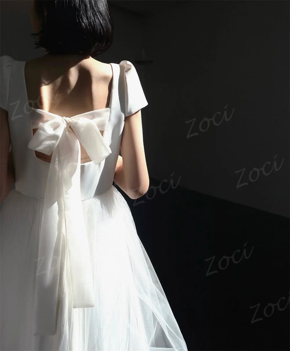 韓系方領短袖婚紗/ 洋裝/ 拖地A字裙/ 可訂製新娘晚禮服｜訂製款 - WeddLin 輕婚紗