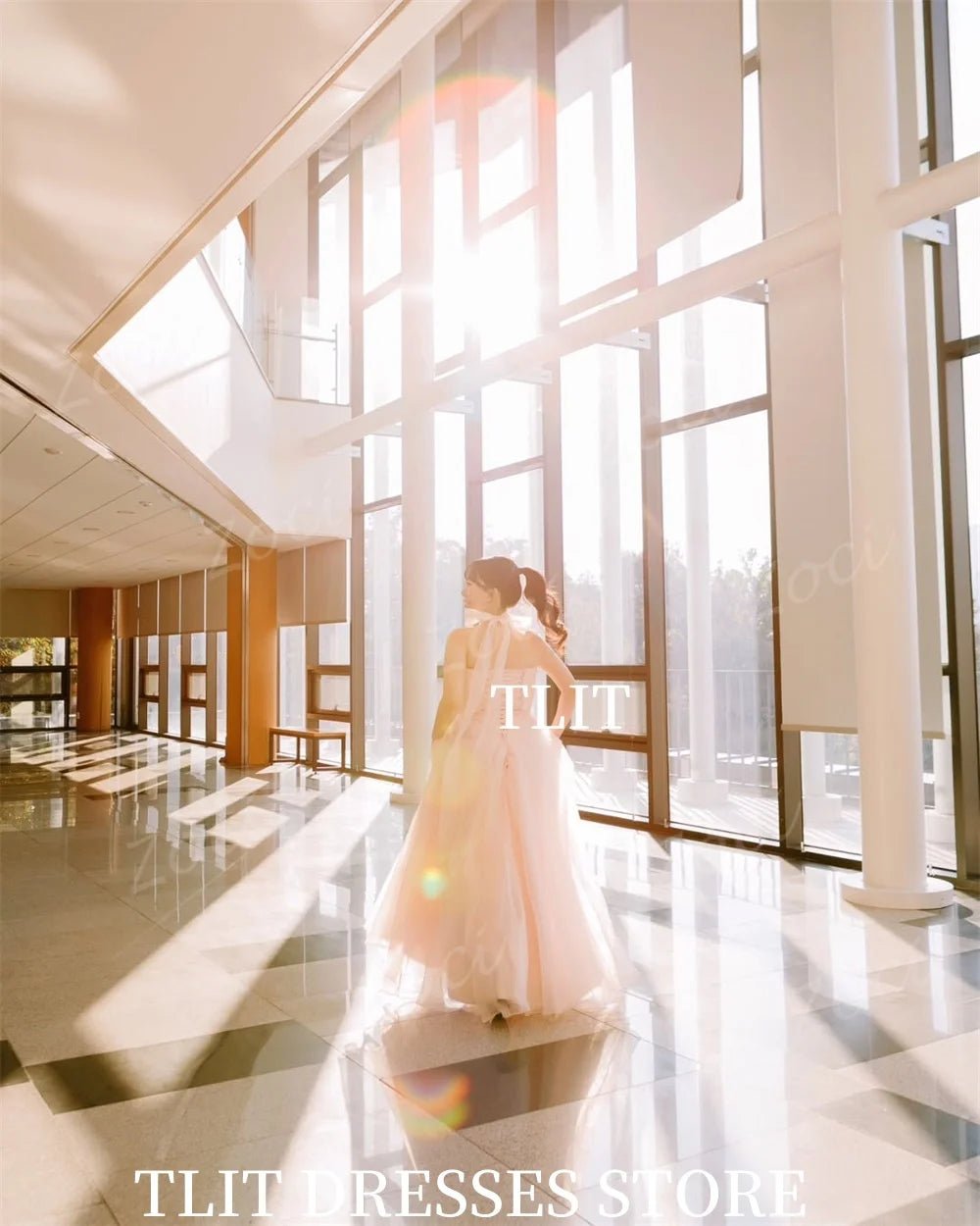 粉色系甜美蝴蝶結紗質晚禮服｜露背綁帶高腰A字長裙 - WeddLin 輕婚紗