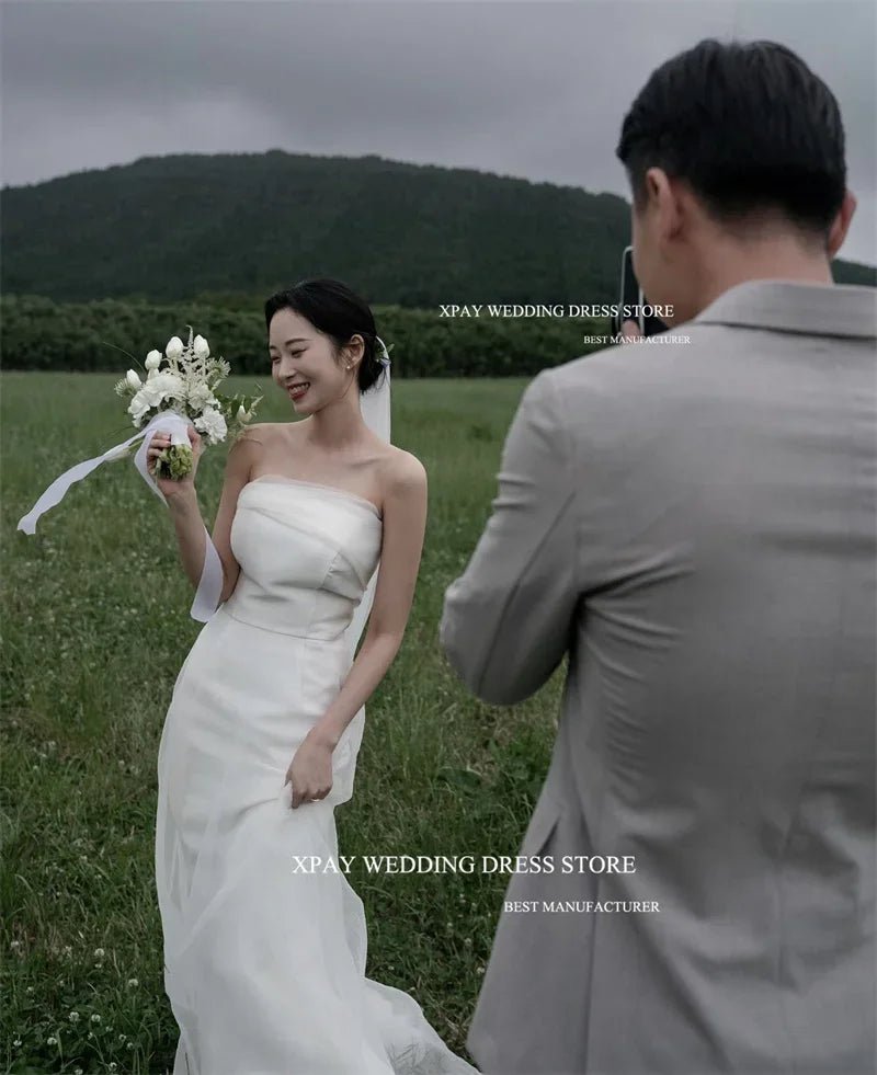 簡約 A 字婚紗/手工歐根紗禮服/ 平口領 背後綁帶（可客製化） - WeddLin 輕婚紗