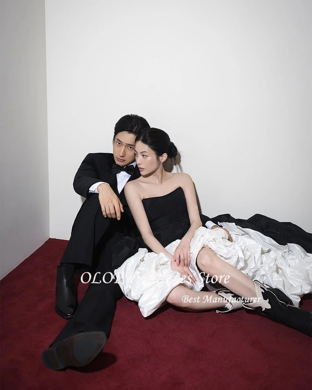 韓系訂製款白黑拼接禮服｜一字肩A字長裙｜緞面蝴蝶結晚宴婚紗禮服 - WeddLin 輕婚紗