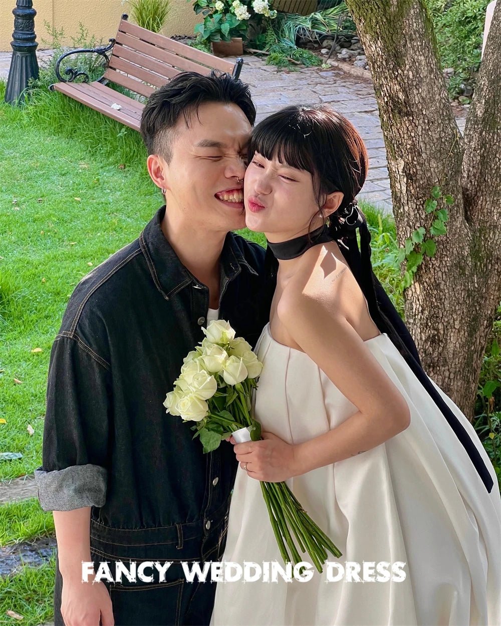 韓國露肩婚紗/A字形緞面新娘禮服拍照/無袖及地長款/定制 - WeddLin 輕婚紗