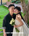 韓國露肩婚紗/A字形緞面新娘禮服拍照/無袖及地長款/定制 - WeddLin 輕婚紗
