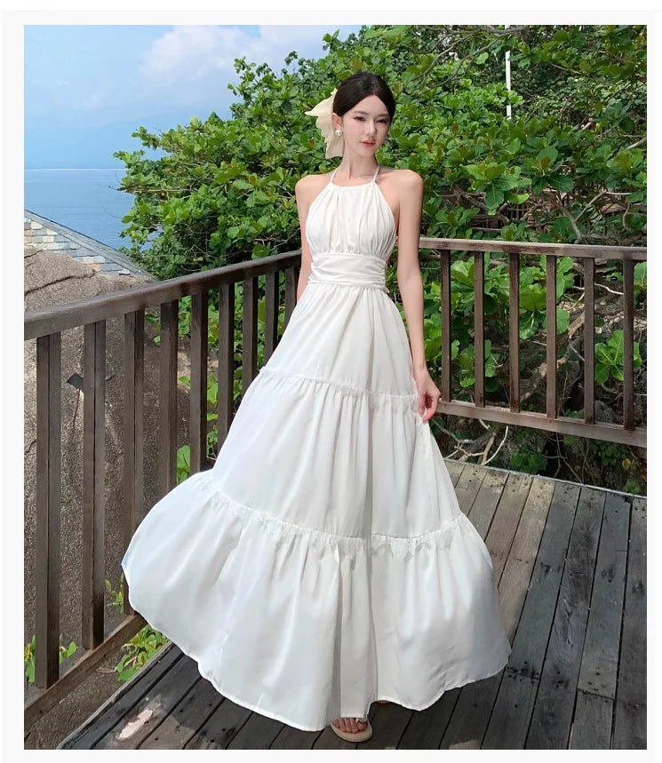 性感綁脖露背長洋裝/優雅一字肩綁帶設計/ A字版型/ 派對度假海灘連身裙 - WeddLin 輕婚紗