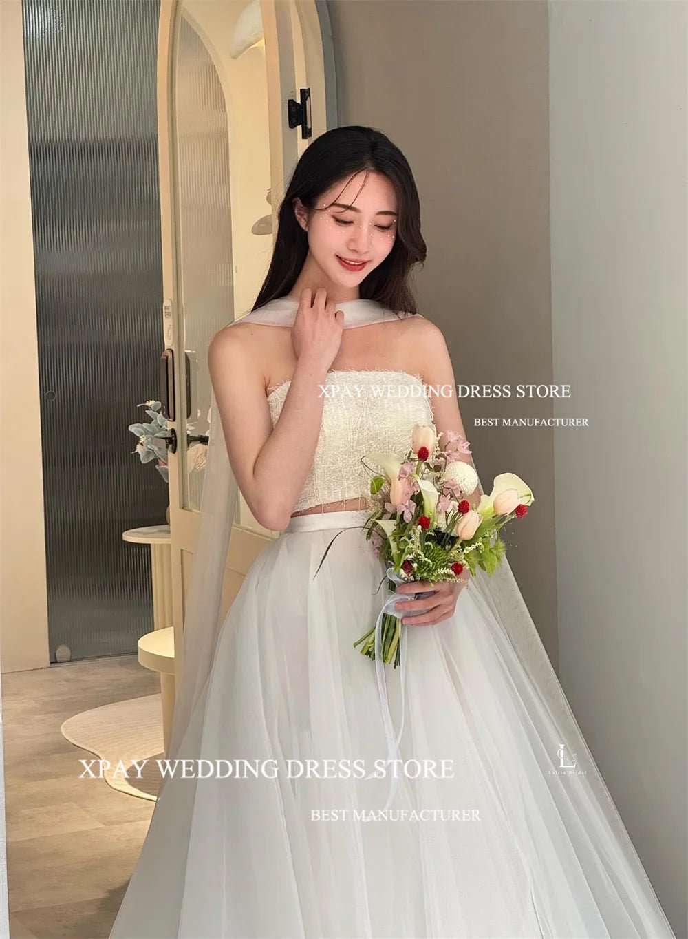 簡約兩件式韓版婚紗禮服/柔紗A字裙可拆披肩設計 拍照/婚禮/派對皆適用 可訂製款 - WeddLin 輕婚紗