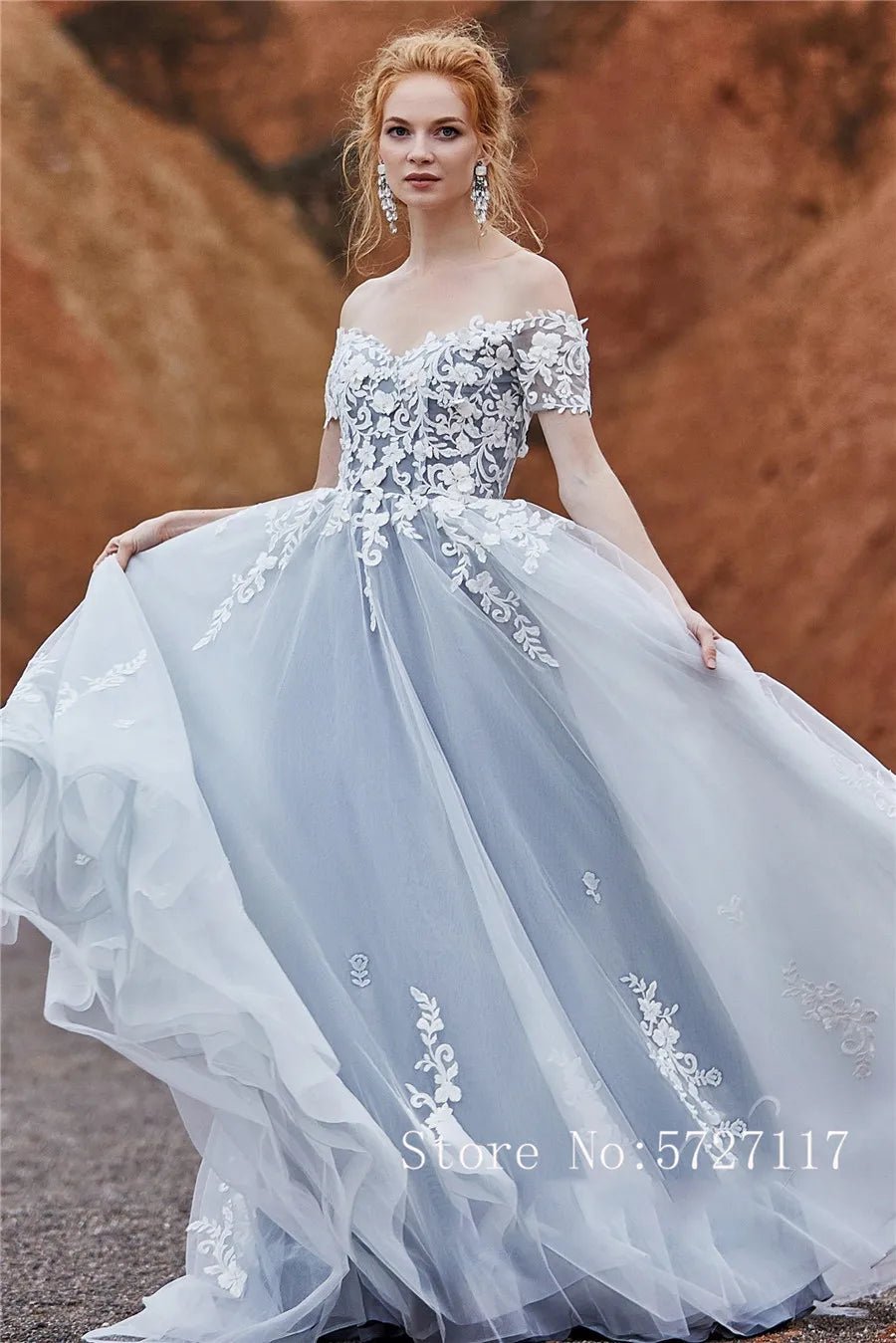 露肩短袖蕾絲貼花水晶A字形黑色婚紗/拖地拖尾性感新娘禮服 - WeddLin 輕婚紗