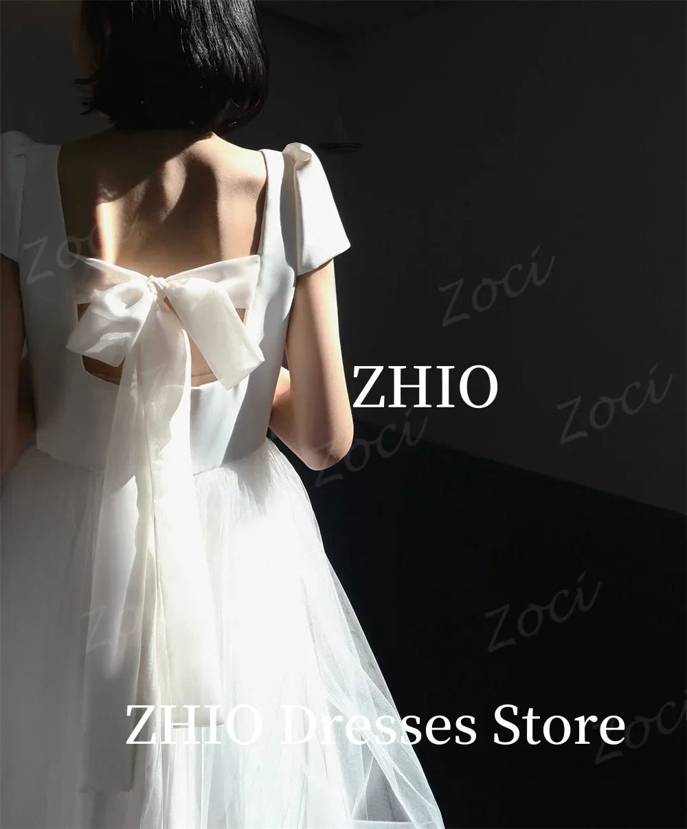 韓國風方領短袖A字型婚紗/ 拖地款/ 綁帶背/ 可訂製/ 晚禮服款 - WeddLin 輕婚紗