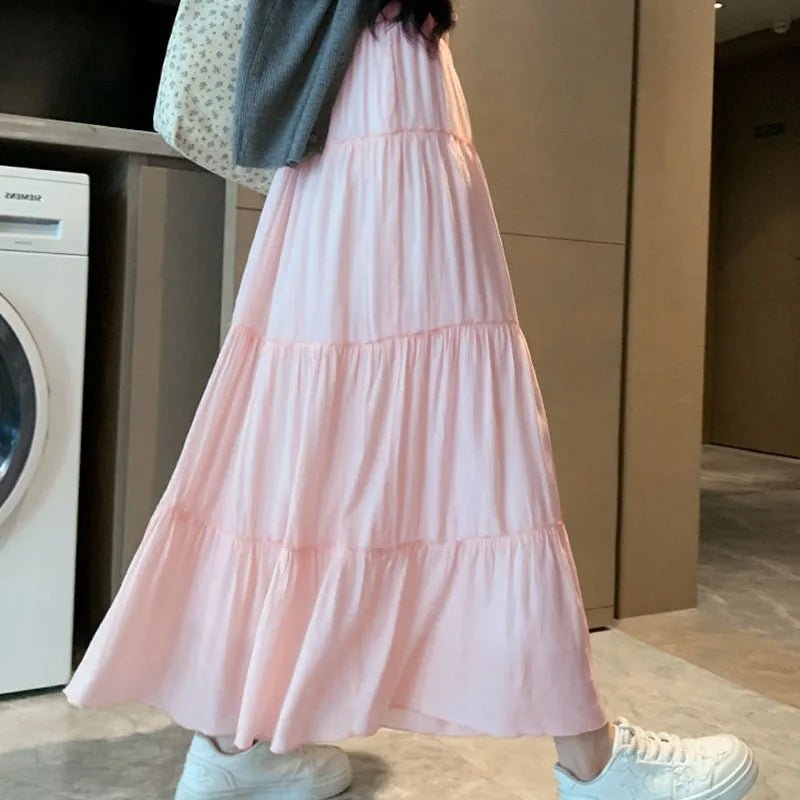 春夏長裙/時尚高腰彈性拼接A字裙/休閒百搭白色蛋糕長裙 - WeddLin 輕婚紗