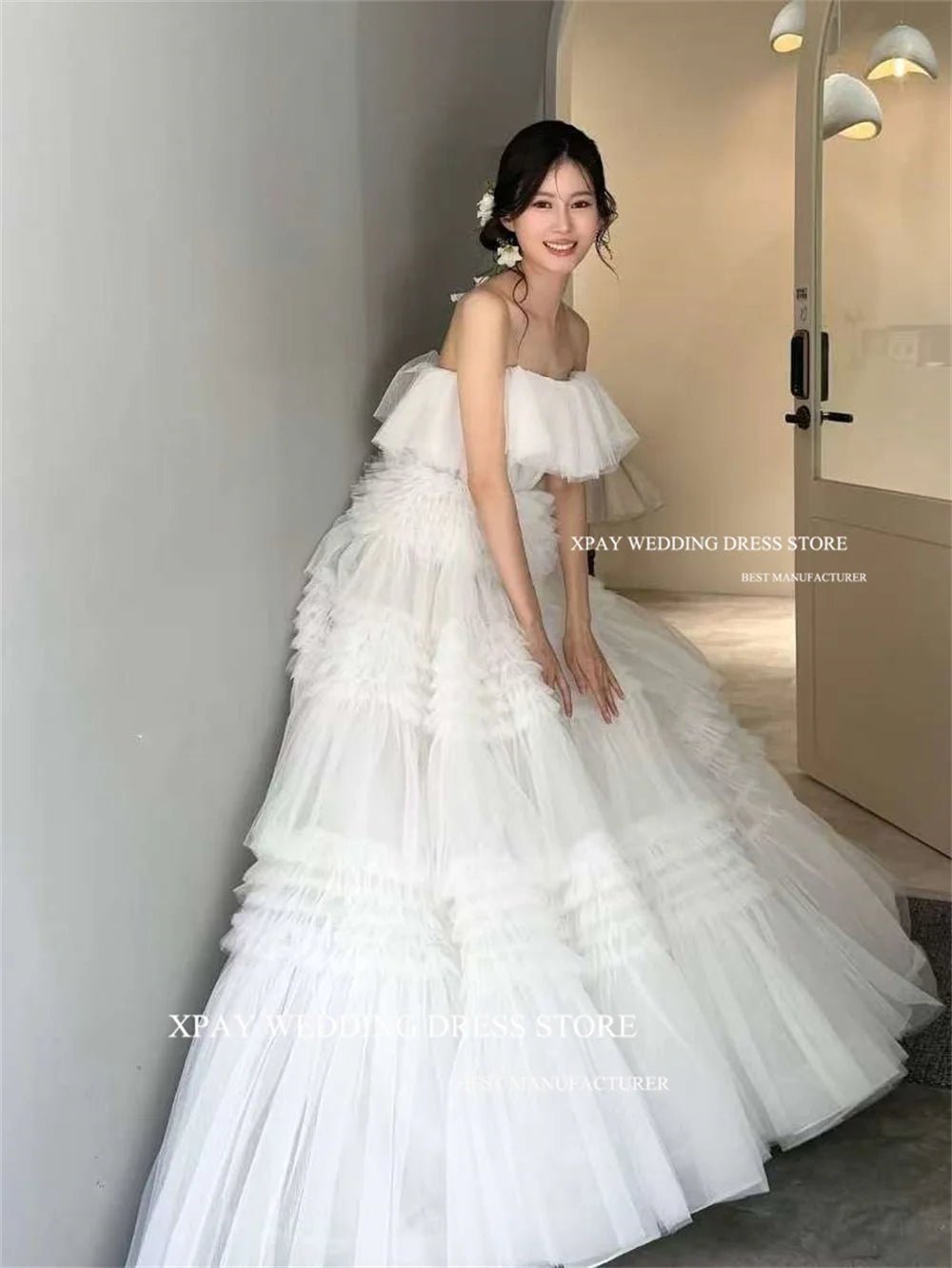 無肩帶多層褶襉薄紗A字禮服/ 客製款 - WeddLin 輕婚紗