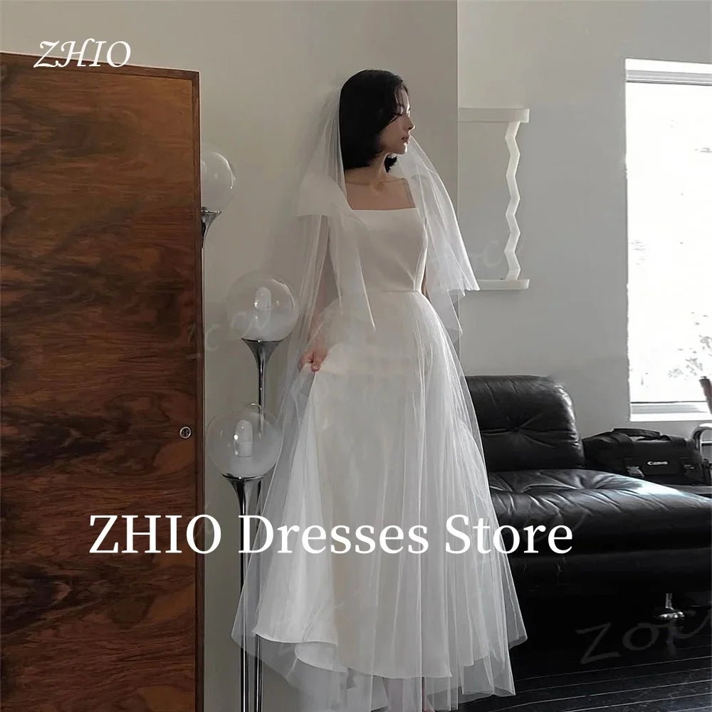 韓國風方領短袖A字型婚紗/ 拖地款/ 綁帶背/ 可訂製/ 晚禮服款 - WeddLin 輕婚紗