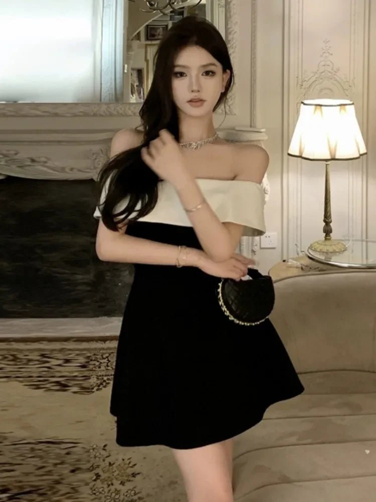 一字肩拼接性感洋裝｜法式復古風｜顯瘦A字短洋裝 - WeddLin 輕婚紗