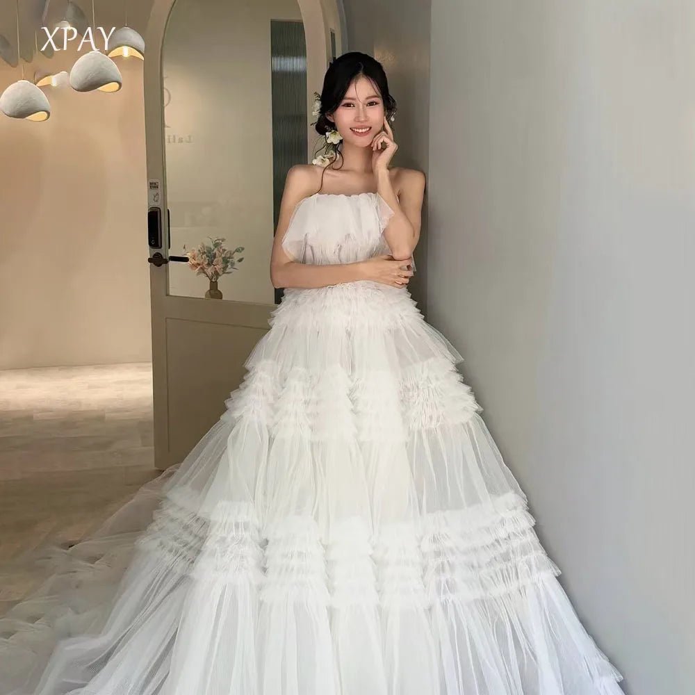 無肩帶多層褶襉薄紗A字禮服/ 客製款 - WeddLin 輕婚紗