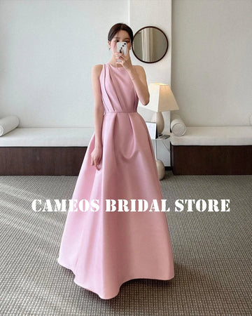 粉紅婚禮/韓國 A 字晚禮服訂製/正式舞會禮服/緞面無袖優雅晚禮服/新娘 (現貨) - WeddLin 輕婚紗