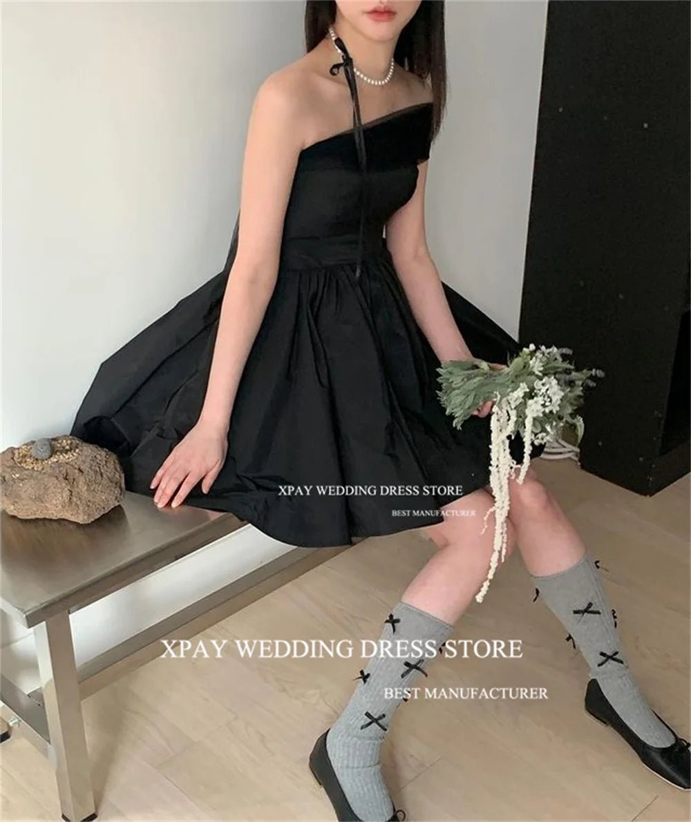 韓系無肩帶黑色短款晚禮服｜A字剪裁｜可訂製婚紗攝影禮服 - WeddLin 輕婚紗