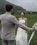 簡約 A 字婚紗/手工歐根紗禮服/ 平口領 背後綁帶（可客製化） - WeddLin 輕婚紗