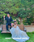 韓國露肩婚紗/A字形緞面新娘禮服拍照/無袖及地長款/定制 - WeddLin 輕婚紗