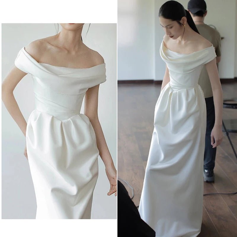 法式白緞面婚紗/ 攝影禮服/ 長版A字裙/ 拖尾性感優雅晚宴洋裝/ 婚禮宴客禮服 - WeddLin 輕婚紗