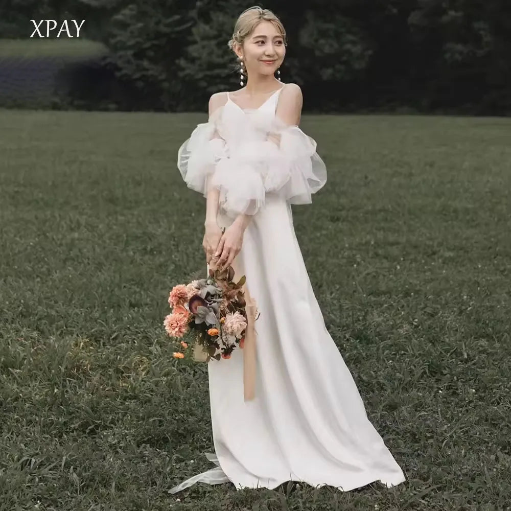 韓系極簡緞面細肩帶 A - Line 輕婚紗 (提供客製尺寸) - WeddLin 輕婚紗