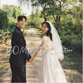 韓式兩件式短袖輕婚紗｜圓領光澤緞面 A-Line 自助外拍禮服 - WeddLin 輕婚紗