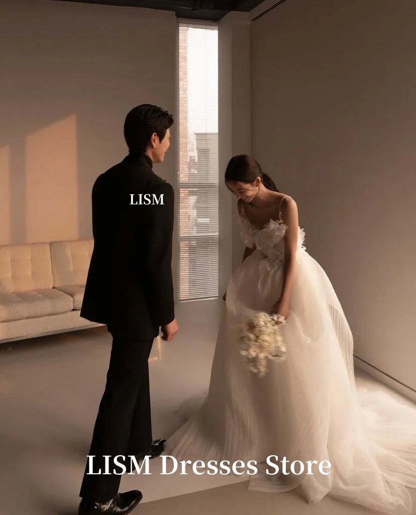 韓式桃心領浪漫印花網紗輕婚紗｜經典小拖尾 A-Line 訂製禮服 - WeddLin 輕婚紗