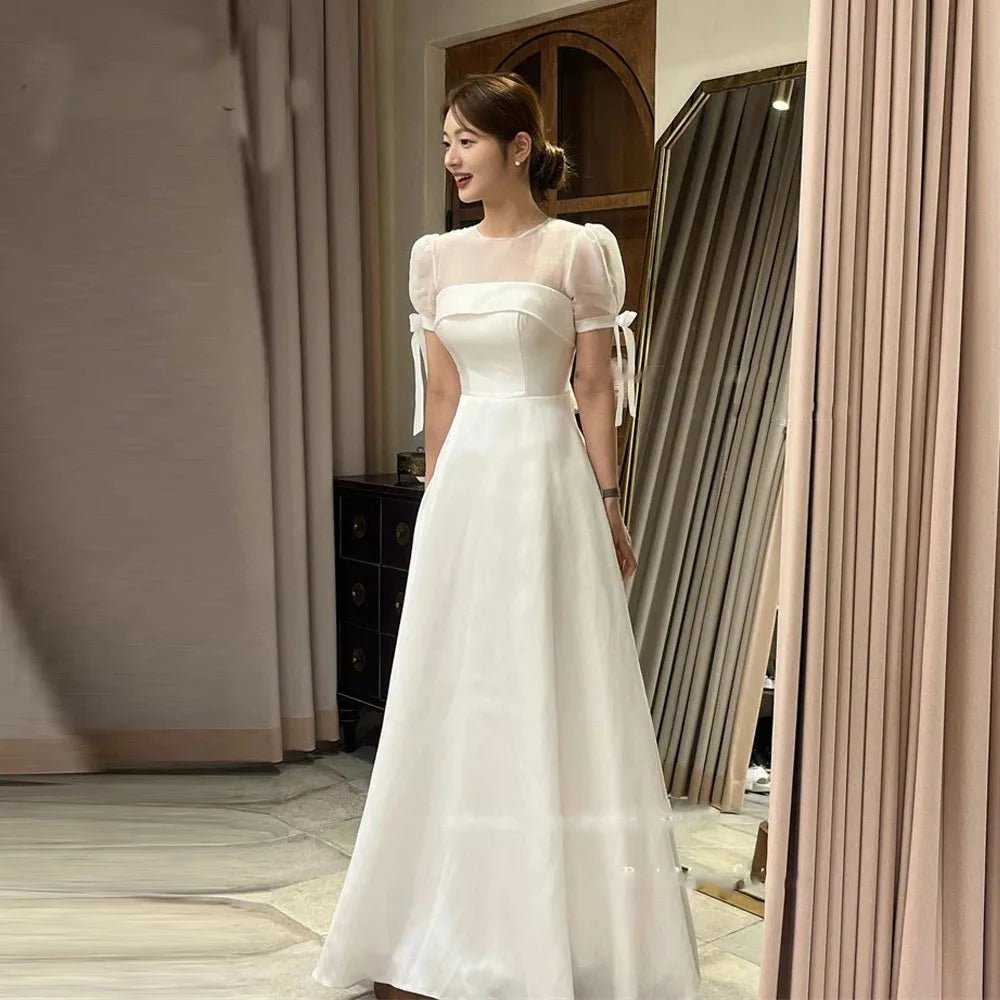 韓系簡約A字型短袖婚紗/ O領 及地長裙/ 婚禮宴會可客製尺寸 - WeddLin 輕婚紗