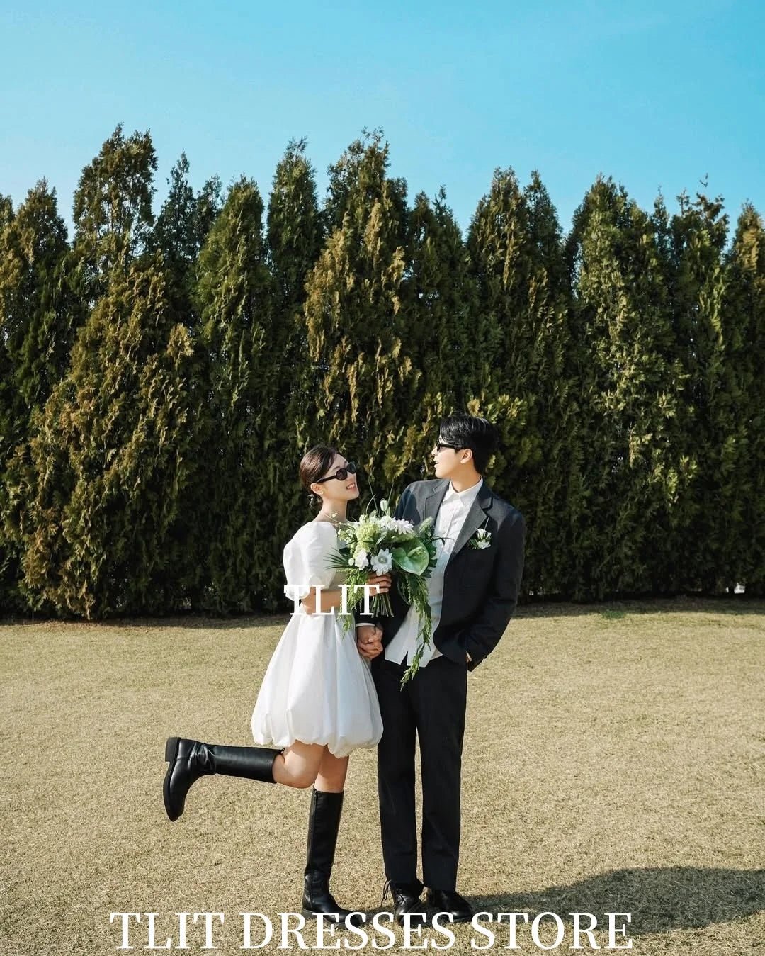 簡約短版婚紗洋裝｜韓系O領蓬袖膝上婚禮拍攝禮服（可客製） - WeddLin 輕婚紗