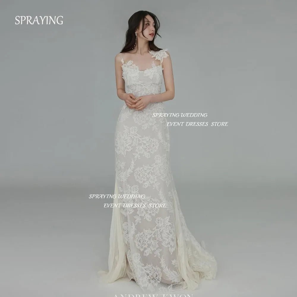 奢華蕾絲韓國婚紗寫真拍攝/吊帶O領美人魚長款新娘禮服/束身衣訂製 - WeddLin 輕婚紗