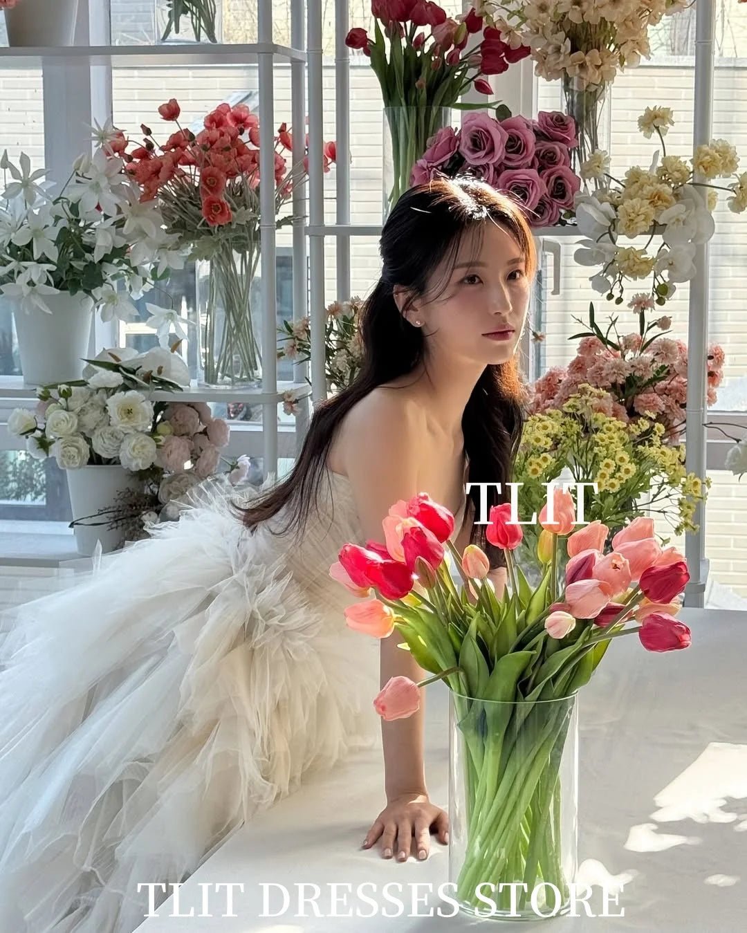 優雅象牙白多層紗禮服/韓系婚紗拍攝／訂製款婚禮長禮服 - WeddLin 輕婚紗