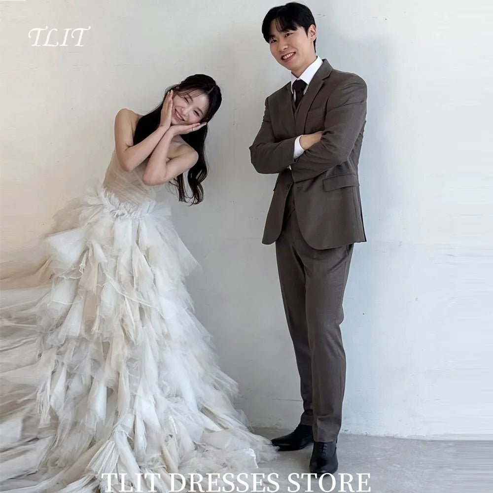 優雅象牙白多層紗禮服/韓系婚紗拍攝／訂製款婚禮長禮服 - WeddLin 輕婚紗