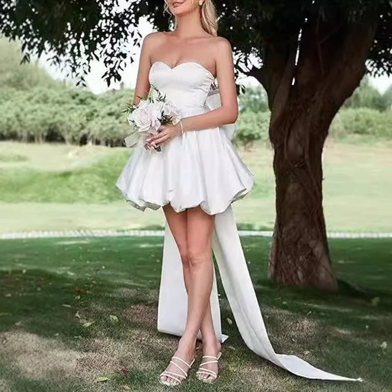 訂製款無肩大蝴蝶結禮服｜緞面短洋裝｜性感簡約設計｜新娘伴娘派對穿搭｜夏季宴會小禮服 - WeddLin 輕婚紗