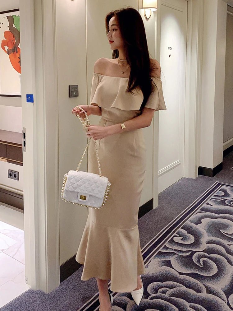 韓系夏季一字領開叉包臀長洋裝｜中長裙 蝴蝶袖 禮服風 美人魚剪裁 - WeddLin 輕婚紗