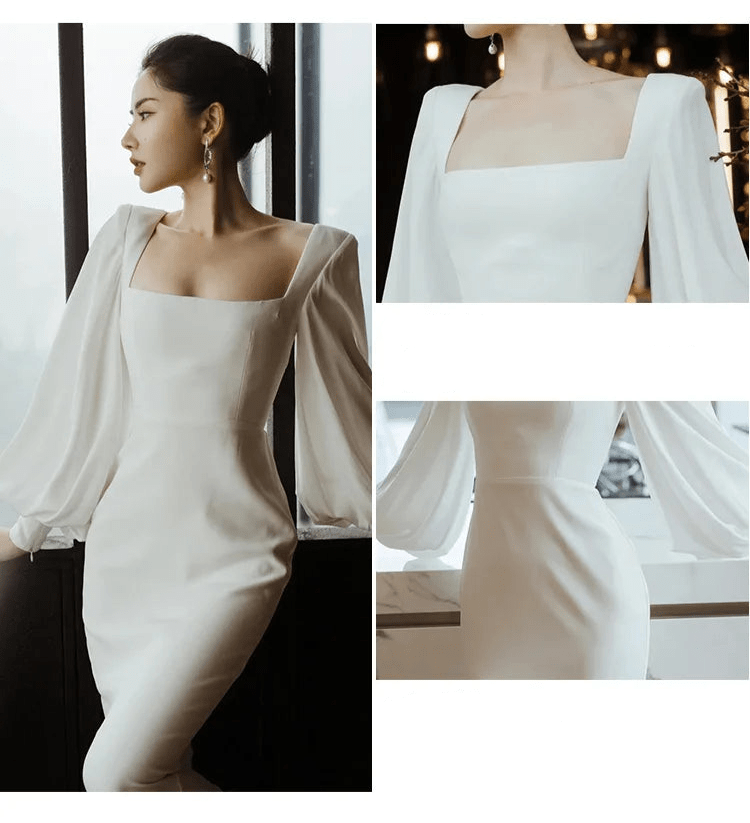 米白色圓領長袖修身婚紗｜中長版簡約新娘禮服 - WeddLin 輕婚紗