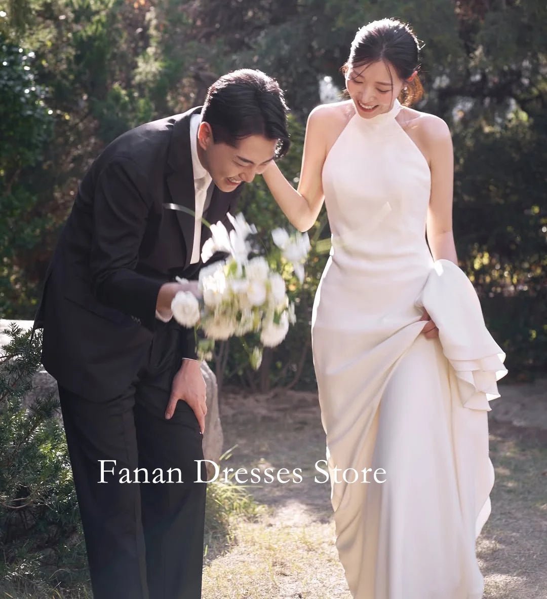 高領韓國魚尾無袖緞面婚紗/ 簡單象牙色訂製漂亮新娘禮服/加大尺碼 - WeddLin 輕婚紗