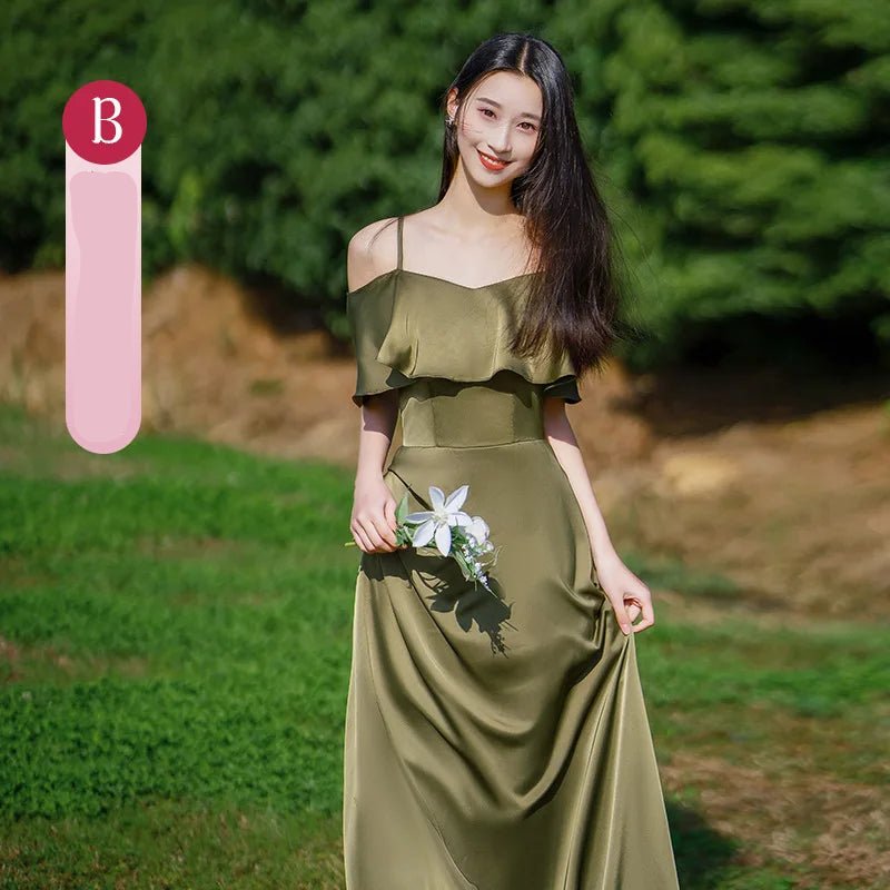墨綠色緞面長款伴娘禮服｜小型婚禮與海外婚禮適用 - WeddLin 輕婚紗