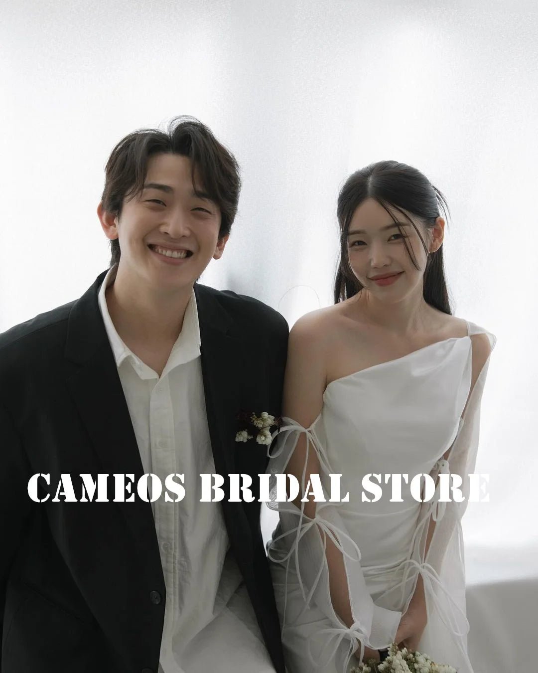 訂製韓國婚紗/褶皺單肩長袖晚禮服/象牙色新娘禮服/新娘禮服 - WeddLin 輕婚紗