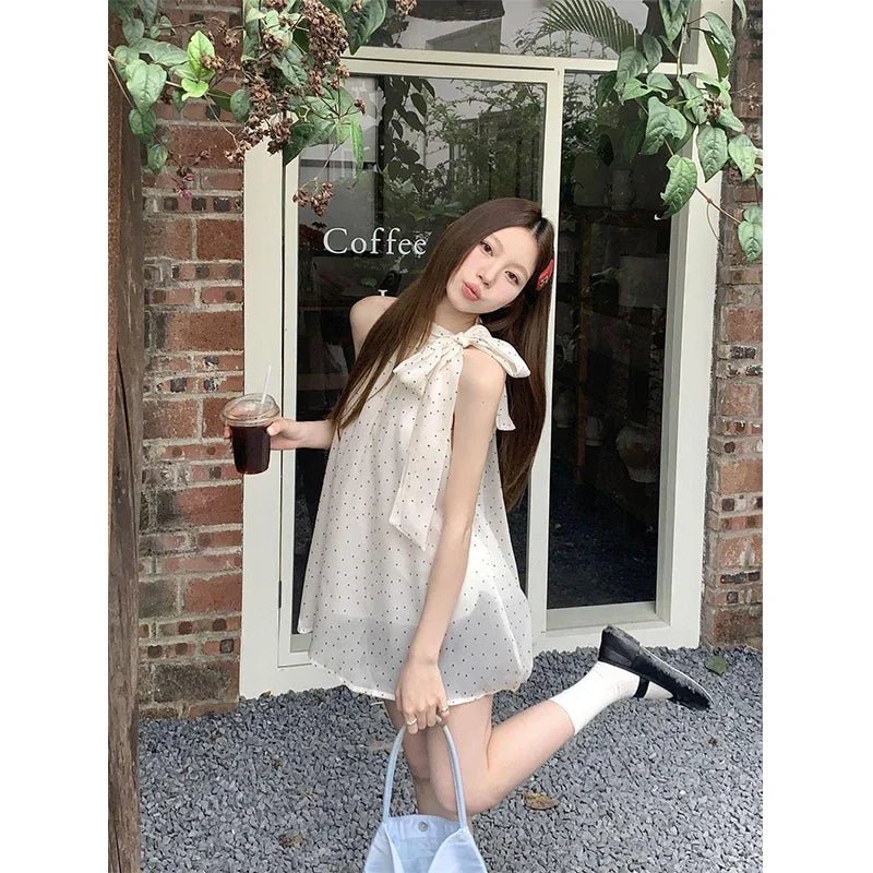 波點吊帶蝴蝶結上衣/復古韓系雪紡無袖襯衫/ 夏季休閒款 - WeddLin 輕婚紗