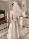 韓系氣質中長款象牙白小禮服/ 方領短袖/ 婚禮派對/表演洋裝 - WeddLin 輕婚紗
