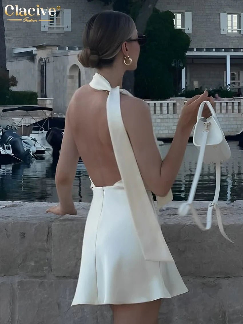夏季修身米色緞面女裝/性感掛脖無袖迷你連身裙/優雅繫帶高腰露背女裝 - WeddLin 輕婚紗