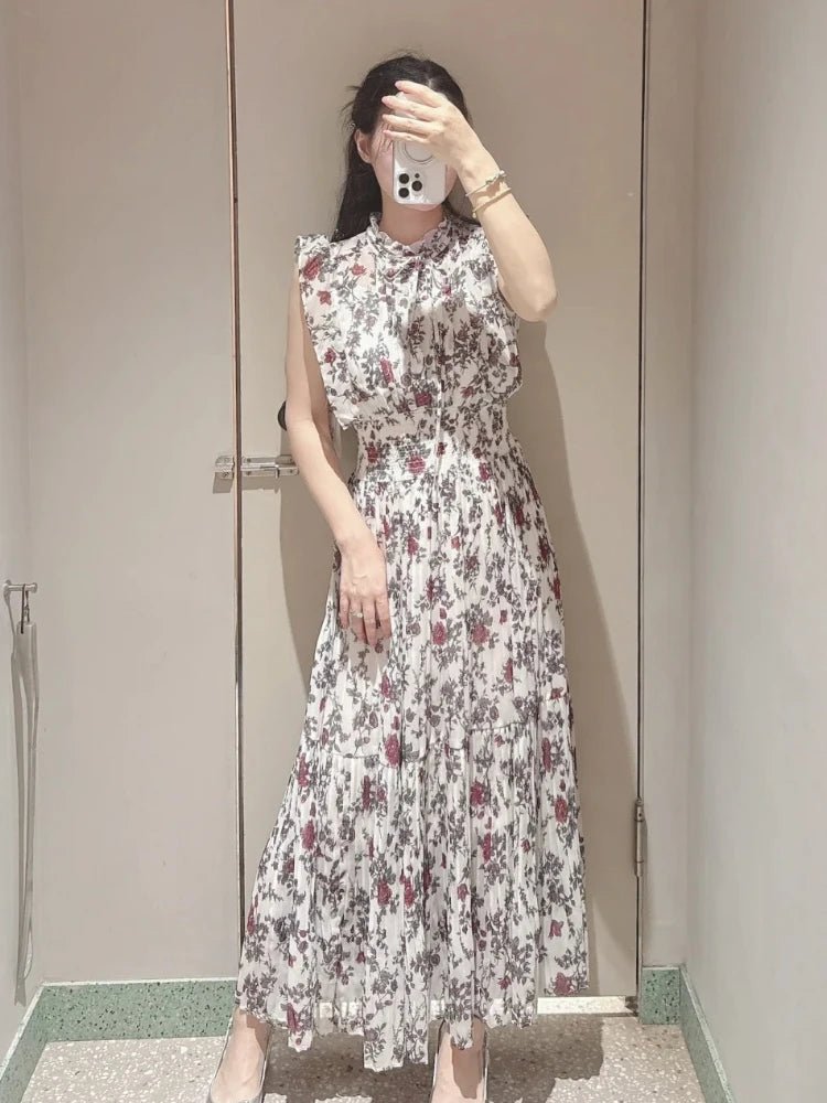 清新中長印花高腰長裙/新款溫柔文藝繫帶百褶修身精緻女裝/日本新款優雅連身裙 - WeddLin 輕婚紗