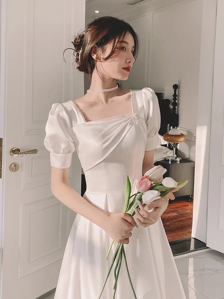 韓系氣質中長款象牙白小禮服/ 方領短袖/ 婚禮派對/表演洋裝 - WeddLin 輕婚紗