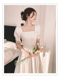 韓系氣質中長款象牙白小禮服/ 方領短袖/ 婚禮派對/表演洋裝 - WeddLin 輕婚紗