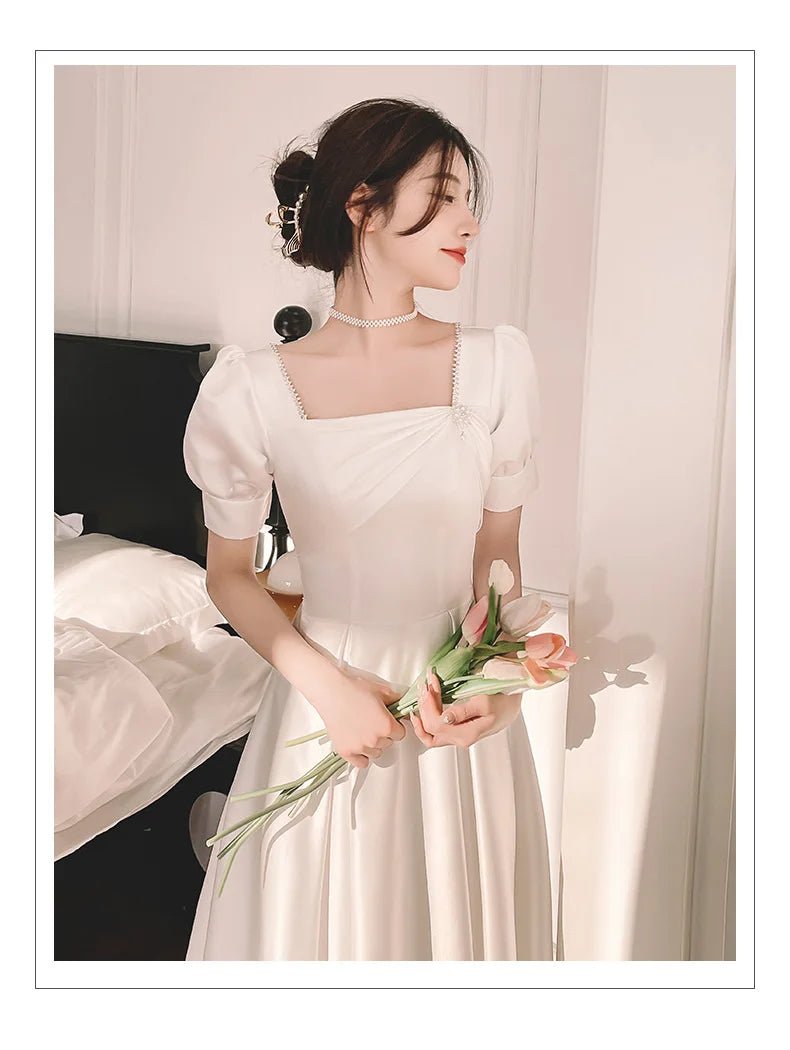 韓系氣質中長款象牙白小禮服/ 方領短袖/ 婚禮派對/表演洋裝 - WeddLin 輕婚紗