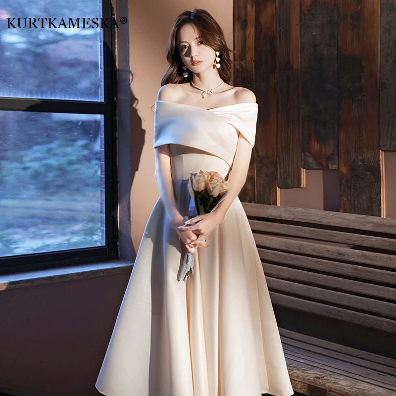 性感船領緞面長晚會禮服/夏季優雅主持人伴娘/婚禮派對禮服/簡約馬甲/尺寸可訂製 (現貨) - WeddLin 輕婚紗