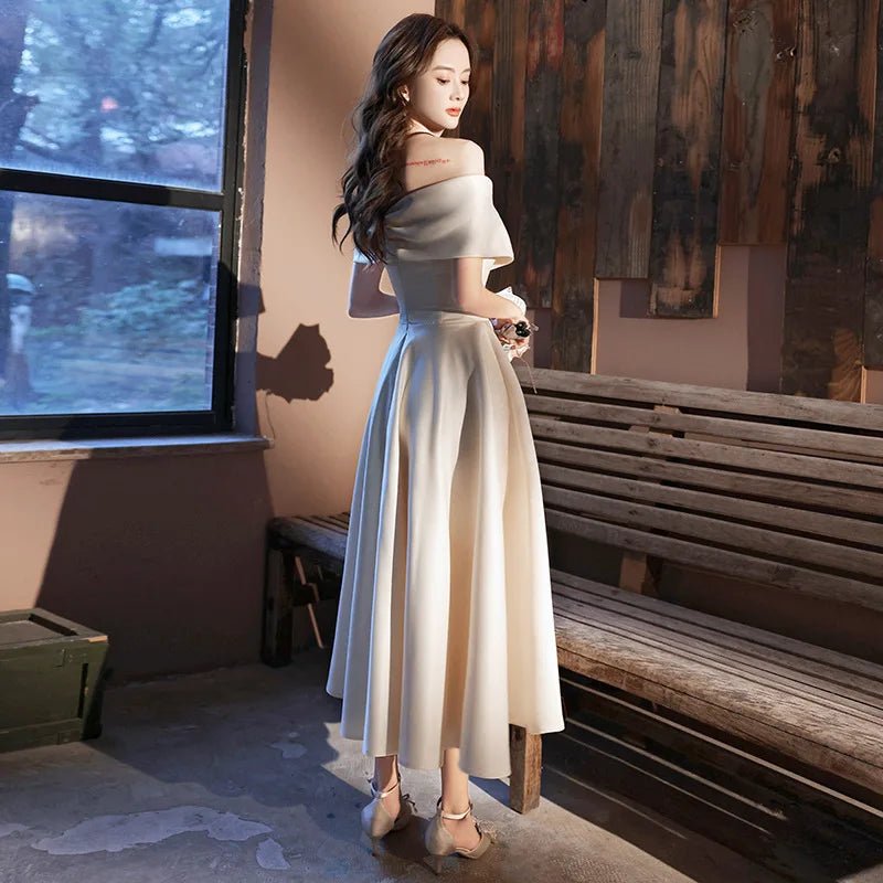 性感船領緞面長晚會禮服/夏季優雅主持人伴娘/婚禮派對禮服/簡約馬甲/尺寸可訂製 (現貨) - WeddLin 輕婚紗