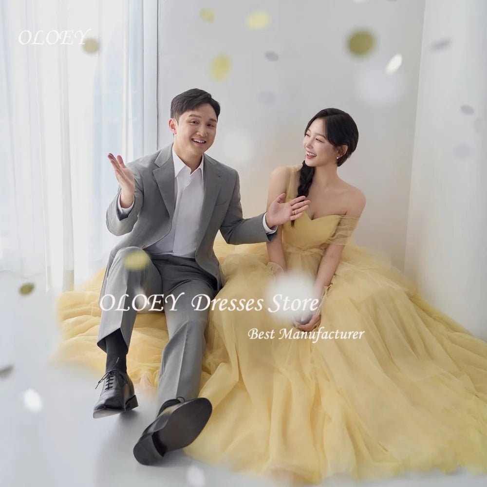 客製韓系禮服｜黃色一字肩多層紗長洋裝｜婚紗攝影／宴會／高級訂製款 - WeddLin 輕婚紗