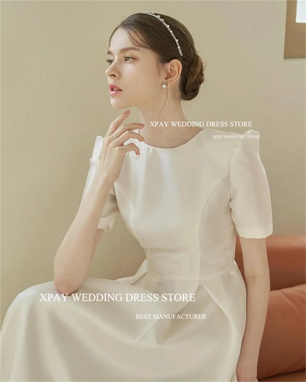 訂製圓領緞面婚紗｜韓系攝影及踝長禮服 - WeddLin 輕婚紗