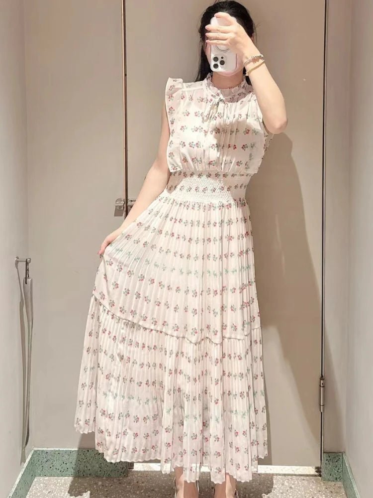 清新中長印花高腰長裙/新款溫柔文藝繫帶百褶修身精緻女裝/日本新款優雅連身裙 - WeddLin 輕婚紗